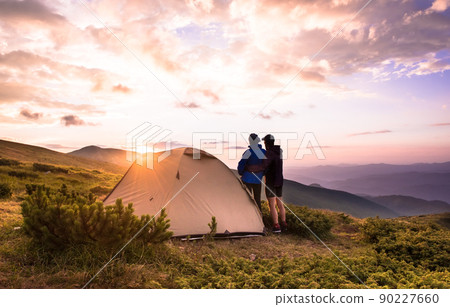 Camping and couple on the top of high mountains 90227660