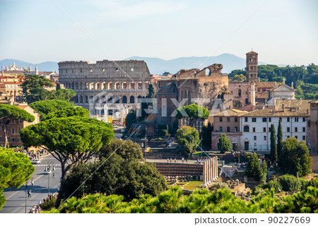 Forum Romanum and Coliseum view from the Capitoline Hill in Italy, Rome 90227669