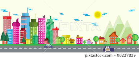 Town and village with blue sky illustration in flat.Modern building and sky with Clouds on Circle background.Home , Mountain,tree, Photo city and Vector illustration concept idea. Town and village with blue sky illustration in flat.Modern building and sky with Clouds on Circle background.Home , Mountain,tree, Photo city and Vector illustration concept idea. 90227829