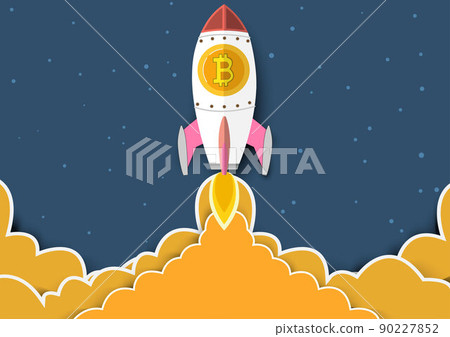 Blockchain with a rocket. Bitcoin is Symbol going in to sky.Blockchain technologies,bitcoins,altcoins,finance digital money market, Vector banner and Digital cryptocurrency concept. 90227852