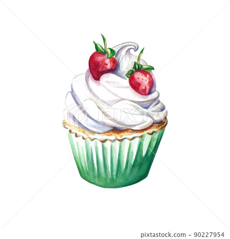 Strawberry cupcake with cream isolated on white.Hand drawn watercolour. Clip art. Delisious dessert illustration 90227954