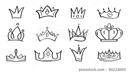 Doodle King Queen Crown Hand Drawn Logo Black Set Vector Kingdom