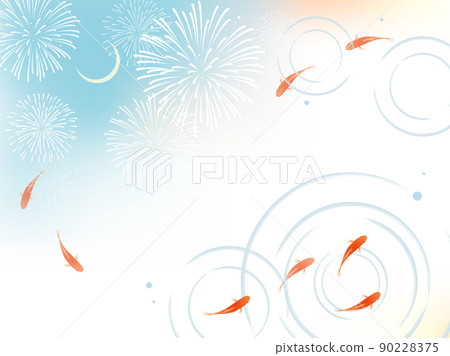 Background frame of fireworks and crescent moon reflected in goldfish and water 90228375