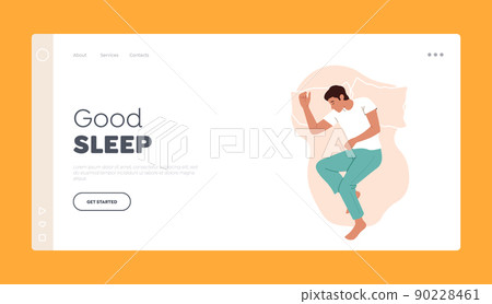 Good Sleep Landing Page Template. Male Character Sleeping in Relaxed Pose Lying in Bed with Bent Legs and Hands Top View 90228461
