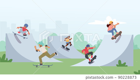 Children Skating Longboard in City Park. Teen or Preteen Kids Skaters, Boys and Girls Freedom Lifestyle. Urban Culture 90228873