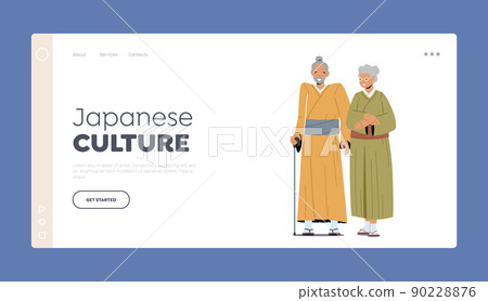 Japanese Culture Landing Page Template. Senior Asian Man and Woman Wear Traditional Kimono. Aged Friendly Couple Japanese Culture Landing Page Template. Senior Asian Man and Woman Wear Traditional Kimono. Aged Friendly Couple 90228876