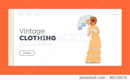 Vintage Clothing Landing Page Template. Beautiful 19th Century Lady in Elegant Gown, Umbrella and Hat. Victorian Fashion 90228878