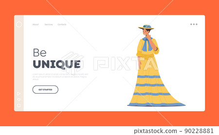 Beautiful Lady in Historical Vintage Dress of 19th Century Landing Page Template. Woman in Elegant Gown and Hat 90228881