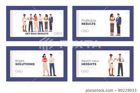 Teamworking Group Landing Page Template Set. Business People Male and Female Characters Team Stand Together 90229033