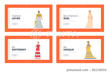 Female Antique Fashion Landing Page Template Set. Beautiful 19th Century European Ladies Wear Elegant Gowns and Hats 90229034