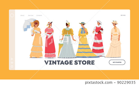 Vintage Store Landing Page Template. Beautiful 19th Century European Ladies Wear Elegant Gowns, Victorian Women 90229035