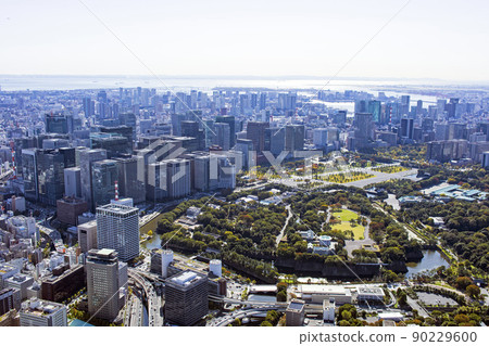 View of Tokyo Station from the sky above Takebashi, Imperial Palace, aerial photography 90229600