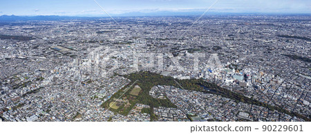 Musashino City panoramic view, Mitaka to Kichijoji, aerial view 90229601