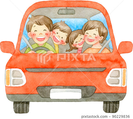 Illustration of a smiling family riding a car Illustration of a smiling family riding a car 90229836