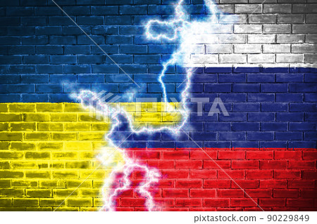 Ukraine and russia Flag on brick wall diplomatic relations between Ukraine and russia. Flag of the two countries concept Ukraine Russia conflict 90229849
