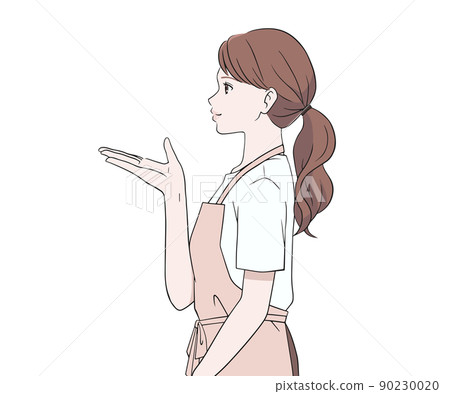 A woman in an apron looking sideways to guide 90230020
