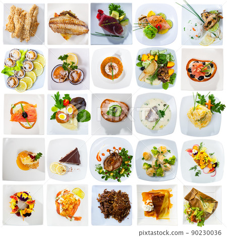 Set of various tasty meals isolated on a white background Set of various tasty meals isolated on a white background 90230036