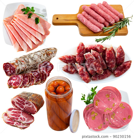 Set of meat delicacies and sausages isolated on white 90230156