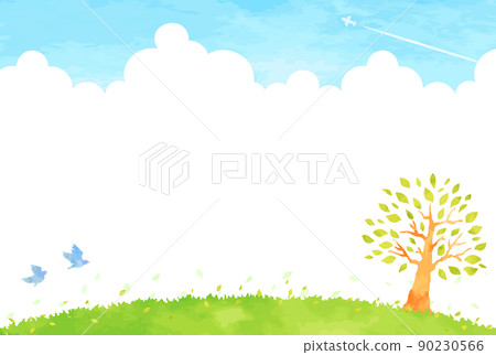 Cute hand-painted tree and blue sky landscape illustration 90230566
