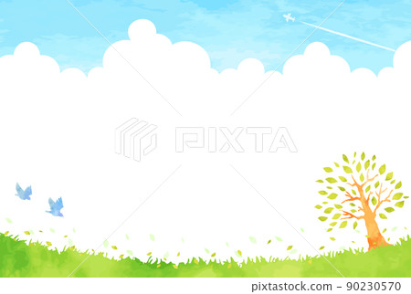 Gentle hand-painted plants and blue sky landscape illustration 90230570