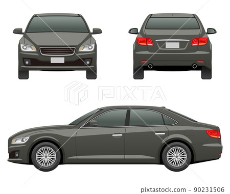 Illustration of a car seen from three directions (sedan_02) 90231506
