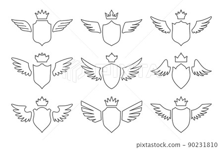 Shield wing crown heraldic emblem black line set. Elegant military emblem protection security blanck. Award high quality royal dynasty coat of arms. Heraldry retro banner medieval isolated Shield wing crown heraldic emblem black line set. Elegant military emblem protection security blanck. Award high quality royal dynasty coat of arms. Heraldry retro banner medieval isolated 90231810