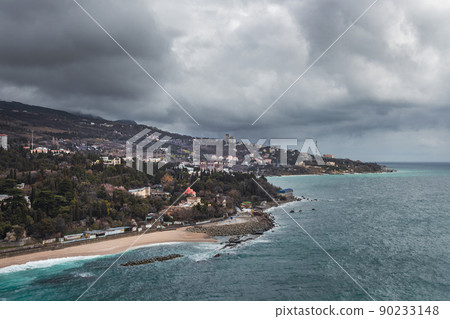 View from a rock Diva at city beach on cloudy weather. Simeiz, Crimea View from a rock Diva at city beach on cloudy weather. Simeiz, Crimea 90233148