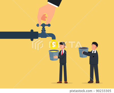 Two businessmen holding buckets wait for the gold coins flowing out of the tap. Two businessmen holding buckets wait for the gold coins flowing out of the tap. 90233305