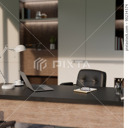 Modern CEO private office interior design with laptop, table lamp and accessories on tabletop Modern CEO private office interior design with laptop, table lamp and accessories on tabletop 90234374