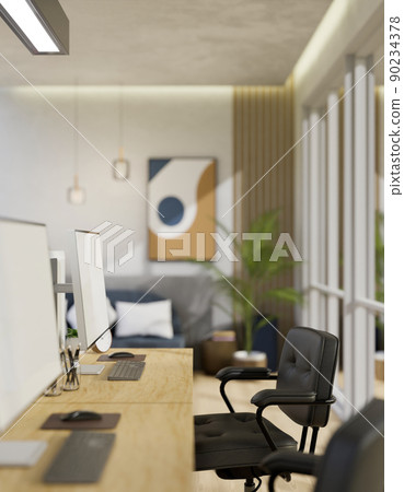 Modern office room interior design with pc computer, office armchairs 90234378