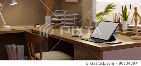Modern comfortable workstation interior design with portable tablet on wooden table 90234394