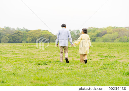 Senior couple taking a walk, back view Senior couple taking a walk, back view 90234488