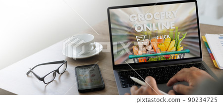 shopping groceries on online supermarket for food grocery shop ordering fresh grocery online food and eats online buying and delivery concept 90234725
