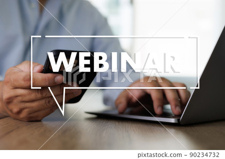 WEBINAR hand on table use E-business Browsing Connection in computer, coffee break in classroom to use cloud communication. 90234732