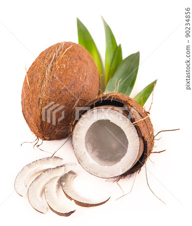 Coconuts with leaves on a white background 90234856