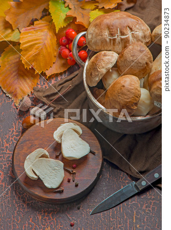 Mushroom Boletus edulis over Wooden Background, close up on wood rustic table. Cooking delicious organic mushroom. Gourmet food 90234873