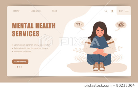 Mental health service. Landing page template. Lonely muslim woman sitting on floor and hugging knees. Depressed teenager needs psychological help. Mood disorder. Vector illustration in cartoon style Mental health service. Landing page template. Lonely muslim woman sitting on floor and hugging knees. Depressed teenager needs psychological help. Mood disorder. Vector illustration in cartoon style 90235304