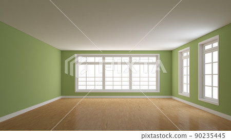 Unfurnished Room with Green Walls, Parquet Floor, White Plinth, Large Full Wall Window on the Center and Two Windows on the Right. 3D render with a Work Path on the Windows. 8K Ultra HD 7680x4320 Unfurnished Room with Green Walls, Parquet Floor, White Plinth, Large Full Wall Window on the Center and Two Windows on the Right. 3D render with a Work Path on the Windows. 8K Ultra HD 7680x4320 90235445