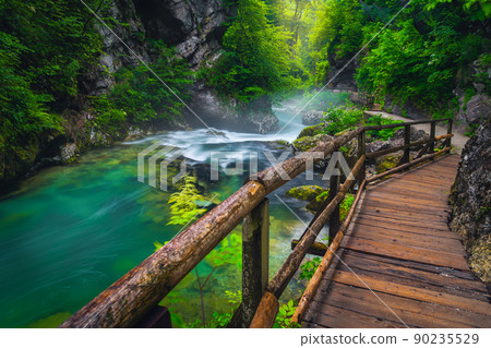 Beautiful hiking place with Radovna river in the Vintgar gorge Beautiful hiking place with Radovna river in the Vintgar gorge 90235529