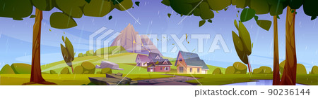 Storm, rainy landscape with mountain and houses 90236144