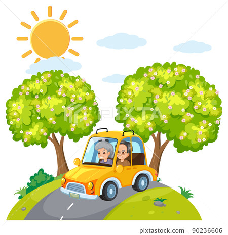 Senior couple on road trip cartoon Senior couple on road trip cartoon 90236606