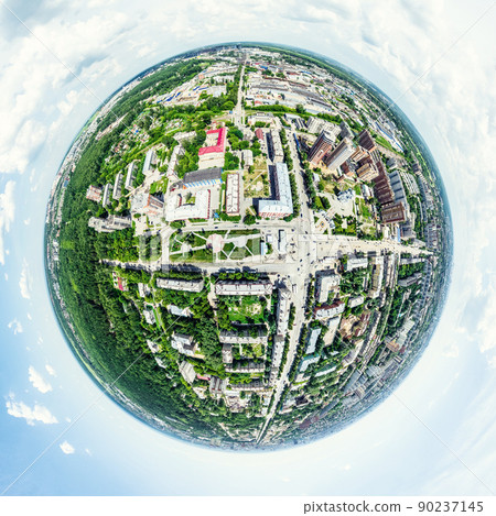 Aerial city view with crossroads and roads, houses, buildings, parks and parking lots. Sunny summer panoramic image 90237145