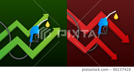 Rise and decline in price of oil market prices. Oil barrels. World inflation. Vector stock illustration. 90237428