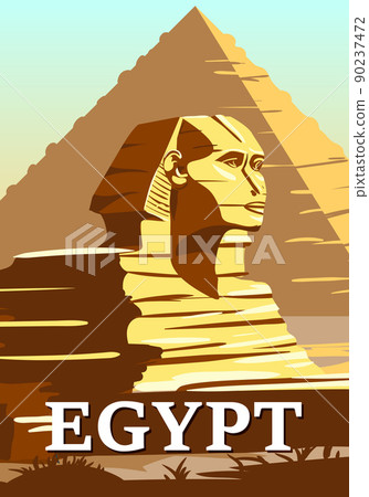 Vintage Poster Ancient Sphinx, Egypt Pharaoh Pyramids. Travel to Egypt Country, Sahara desert. Retro card illustration vector Vintage Poster Ancient Sphinx, Egypt Pharaoh Pyramids. Travel to Egypt Country, Sahara desert. Retro card illustration vector 90237472