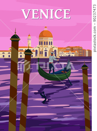 Venice Italia Poster retro style. Grand Canal, gondolier, architecture, vintage card. Vector illustration postcard Venice Italia Poster retro style. Grand Canal, gondolier, architecture, vintage card. Vector illustration postcard 90237473