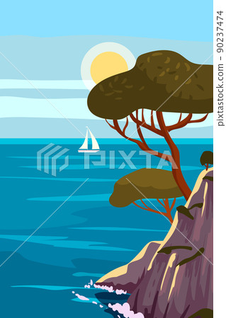 Retro Mediterranean Poster, landscape sea vacation Europe. Mountaines, trees, harbor, sailboat, sunset. Travel holiday summer voyage. Vintage style vector illustration Retro Mediterranean Poster, landscape sea vacation Europe. Mountaines, trees, harbor, sailboat, sunset. Travel holiday summer voyage. Vintage style vector illustration 90237474