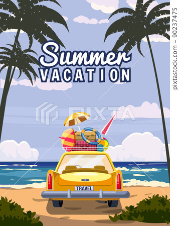 Vacation travel yellow car with luggage bags, surfboard on the beach. Tropical seachore, palms, sea, ocean, back view. Vector illustration retro cartoon Vacation travel yellow car with luggage bags, surfboard on the beach. Tropical seachore, palms, sea, ocean, back view. Vector illustration retro cartoon 90237475