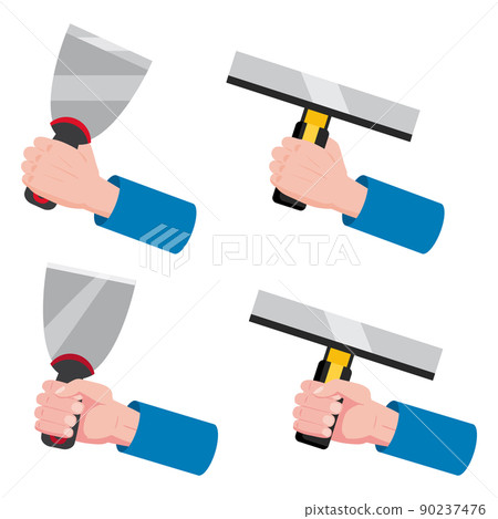 Set construction tools putty knife, spatula, brush repair tool. Hand hold spackling or paint instruments. Vector illustration isolated on white. Cartoon flat style Set construction tools putty knife, spatula, brush repair tool. Hand hold spackling or paint instruments. Vector illustration isolated on white. Cartoon flat style 90237476