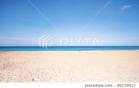 Tropical sandy beach with blue ocean and blue sky background image for nature background or summer background 90239015
