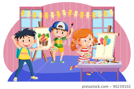 Happy children in an art class painting 90239102